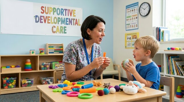 Speech therapist and child using mirror for mouth movement play
