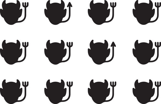 Collection of devil head silhouettes with horns and tails in various orientations isolated on white background