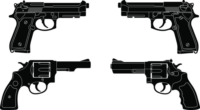 Vector set of black handgun silhouettes featuring semi automatic pistols and revolvers isolated on white background for security and defense