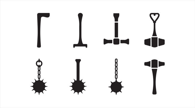 Historical battle weapons set featuring maces and flails isolated on white