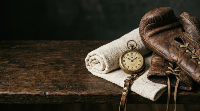 Stopwatch towel and old gloves displayed as a premium still life