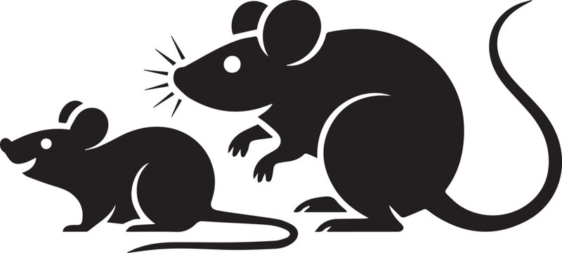 Two black silhouette mice on white background, one standing and one sitting, looking at each other with anger