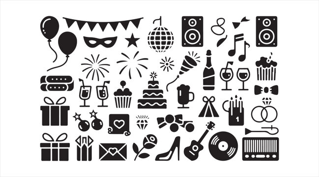 Party icon pack featuring music gifts and festive celebration design elements