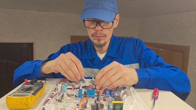 Repairing fridge electronics in a workshop with tools and parts on the table