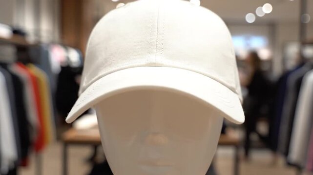 White Blank Baseball Cap On Mannequin Head In Fashion Retail Store Zooming In
