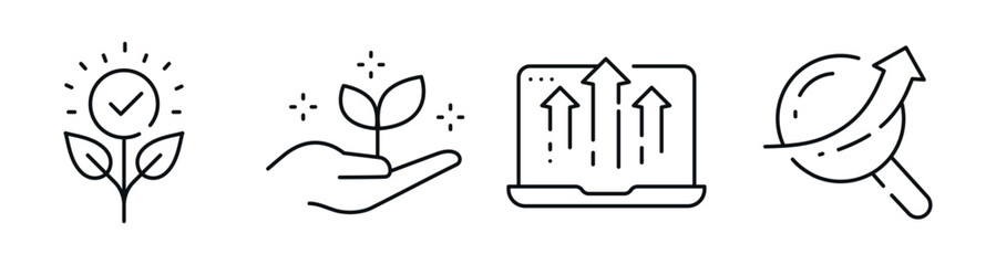 Obraz premium Growth and development icons showing plant progress and data trends. Editable stroke