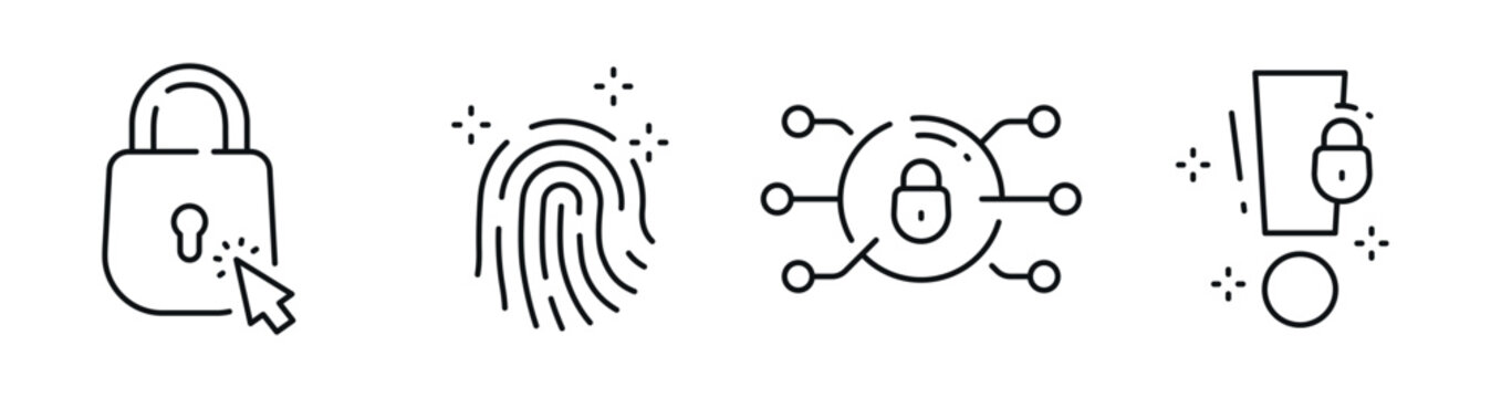 Security icons showing padlock fingerprint network and alert symbols. Editable stroke