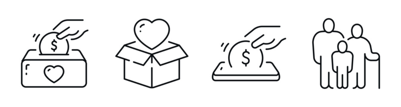 Donation and charity icons showing giving methods and recipients. Editable stroke