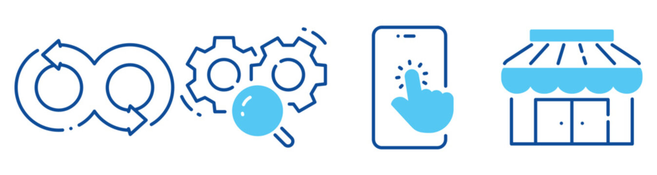 Process automation icons showing devops loop gears mobile storefront. Editable stroke