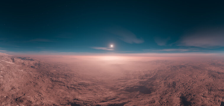 Alien Planet Sunrise Over Rugged Red Surface With Distant Star And Misty Horizon, 3D Rendering