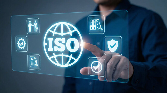 Businessman interacting with a digital iso certification interface on a transparent screen with various icons