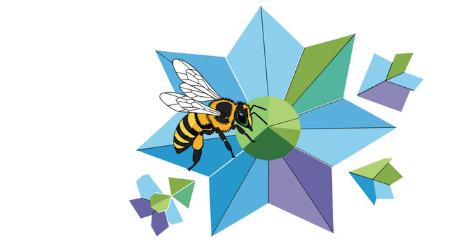Abstract geometric honeybee on colorful polygonal flower illustration nature and pollination concept, Generative AI.