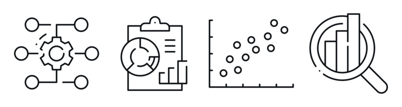 Data analysis and reporting icons showing charts and processes. Editable stroke
