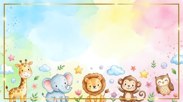Cute watercolor safari animals border with giraffe, elephant, lion, monkey and owl on pastel rainbow background with gold frame.