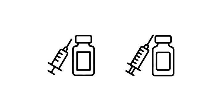Vaccination and medicine bottle with hypodermic syringe icon set for medical healthcare immunization treatment or drug administration concept for clinic.