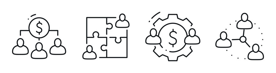 Fototapeta na wymiar Organizational icons showing hierarchy collaboration and financial flow. Editable stroke