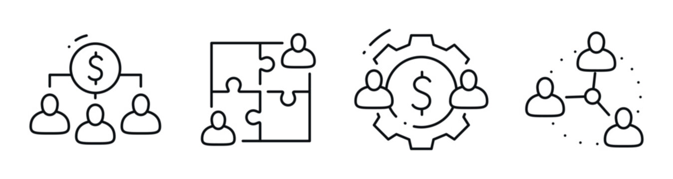 Organizational icons showing hierarchy collaboration and financial flow. Editable stroke