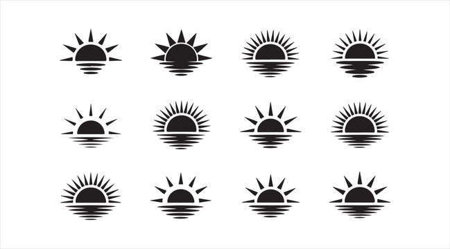Black sun icon collection with sunrise and sunset symbols in minimal flat design