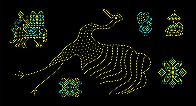 Rhinestone hotfix transfer template, traditional decorative elephant and peacock set, ethnic design for plain cloths, saree, and other decorative purposes, laser cutting, 2.2 mm hole size 6 ss, F-6