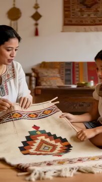 Vertical video: Pointing woman guiding child at table, fixing rug with tool in embroidered tops