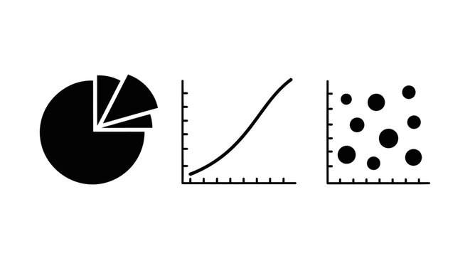 Data visualization icons: pie chart, line graph, scatter plot on white background