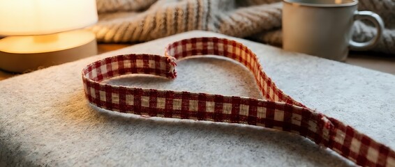 Naklejka premium Red checkered ribbon in heart shape on cozy table with warm lighting, coffee mug and knitted sweater creating romantic atmosphere for crafts and decoration.
