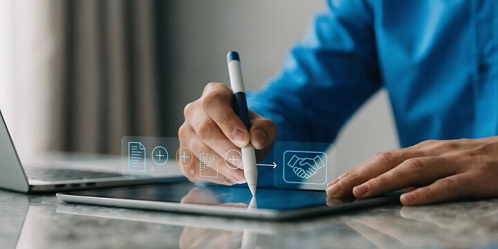 Procurement process management, Digital and paper document approval, contract verification, supplier negotiation, and business purchasing operations using laptop and approval document