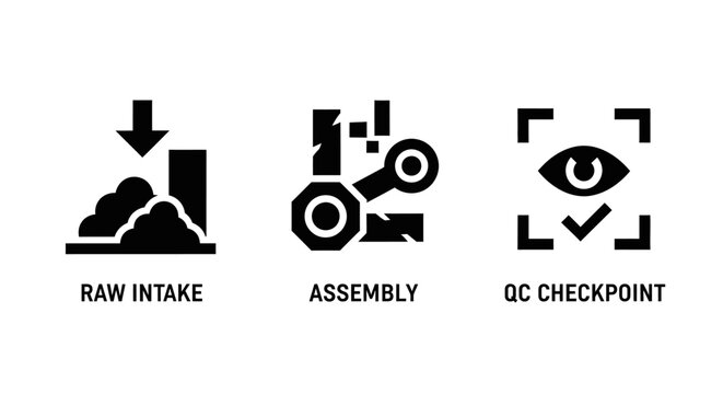 Industrial Process Icons: Raw Intake, Assembly, QC Checkpoint