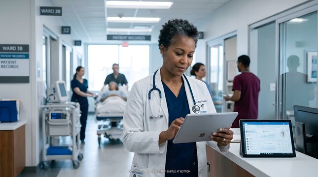 Female doctor using tablet in hospital ward with patient care team in background