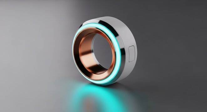 minimalist smart ring with soft blue light and copper lining, modern tech product on a dark, reflective surface.