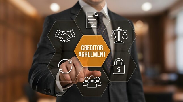 A businessman presents a creditor agreement surrounded by legal and financial symbols, ideal for corporate, banking, or legal marketing materials and business presentations.