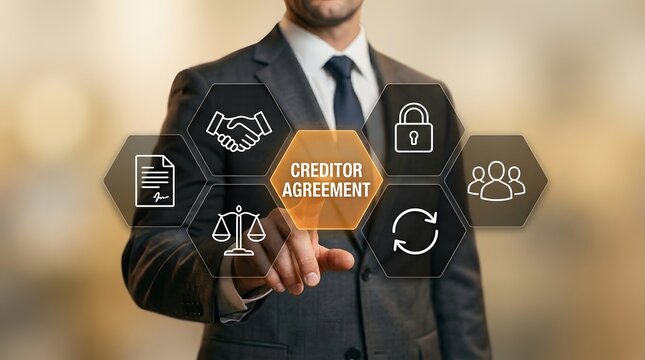 A businessman presents a creditor agreement surrounded by digital finance and legal symbols, ideal for corporate, financial, or legal marketing campaigns.