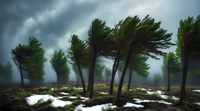 Dramatic winter storm scene with windblown trees and patches of snow on misty ground