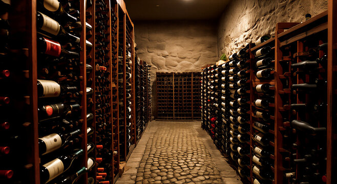 Elegant underground wine cellar filled with wooden racks and countless bottles of wine stored perfectly