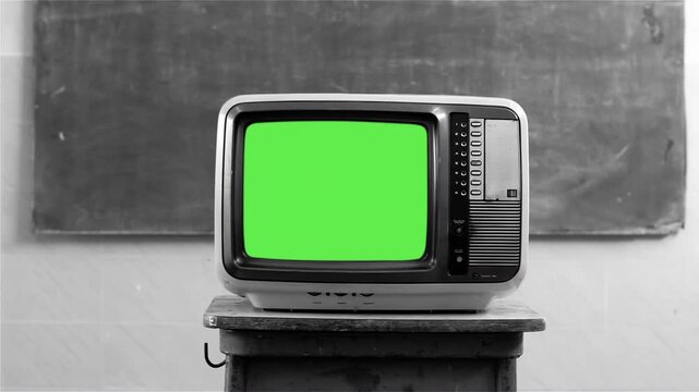 Old CRT TV Set With Chroma Key Screen In Black And White Classroom - 4K