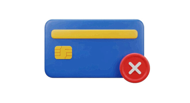 Vector illustration of 3d rendered illustration of a blue credit card with a red cross icon on a transparent background