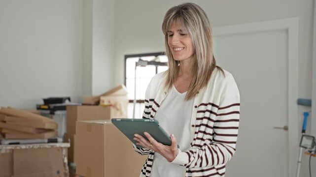 Woman holding tablet with hand while checking packages near stacked boxes inside a building; calm productivity.