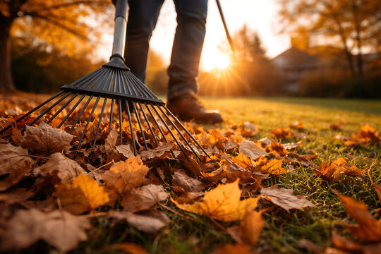 Autumn yard work a person rakes fallen leaves in golden sunlight