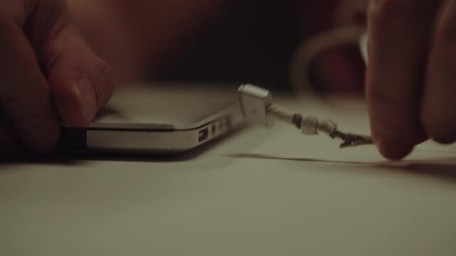 Person comparing magnetic laptop chargers, connecting old frayed and new power adapters to notebook, concept evolution of technology and charging ports, closeup. Shooting in slow motion.
