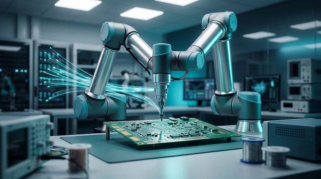Robotic arm assembling electronic circuit board with fiber optic cables in laboratory for advanced technology.