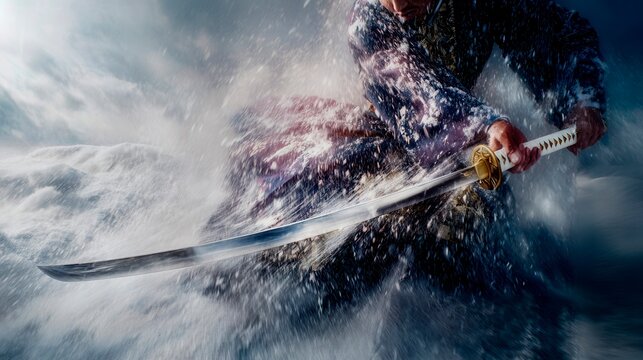 Warrior with katana in dynamic movement among snowstorm, concept of martial art and strength.