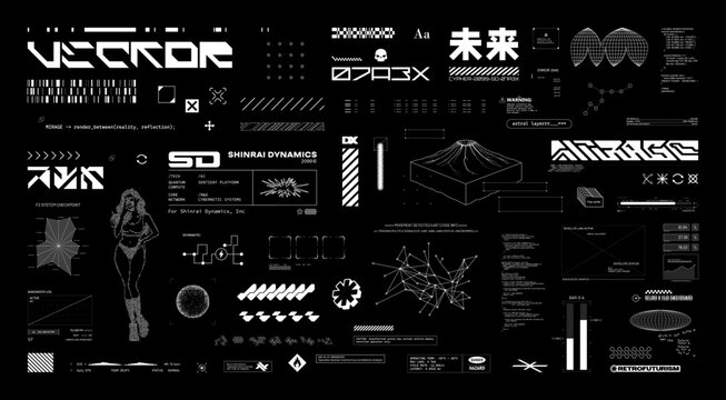 Futuristic Sci-fi design graphic box with HUD interface, digital lettering, cyberpunk elements for typography, t-shirt, streetwear. Vector Cyberpunk HUD, UI set. Translation from Japanese - future
