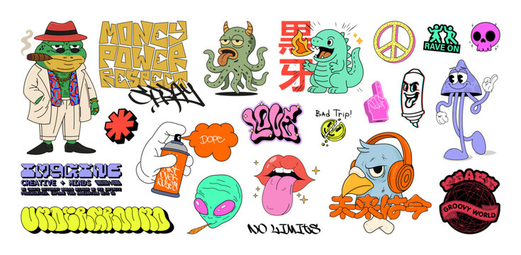 Streetwear Sticker and Print Set &ndash; Сartoon characters, Graffiti, Psychedelic, Retro Art. Сartoon characters, lettering, groovy. Vector set. Translation from Japanese - Black Fang, The Future is Now.