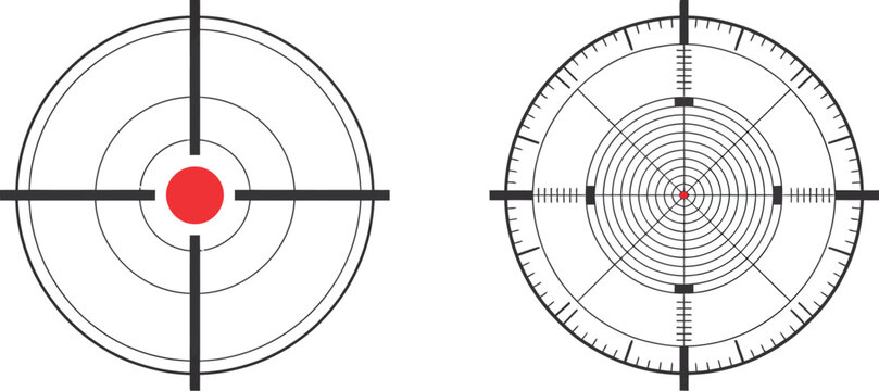 Reticle icon set, vector illustration of two red dot sight reticles representing targeting precision aiming and focus concept for UI and graphic design.