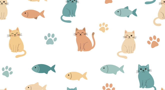 Cute Cat and Fish Seamless Pattern, Kawaii Animal Vector Illustration