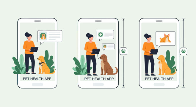 Pet Health App Interface Design - Mobile Mockup with Dog and Cat Icons