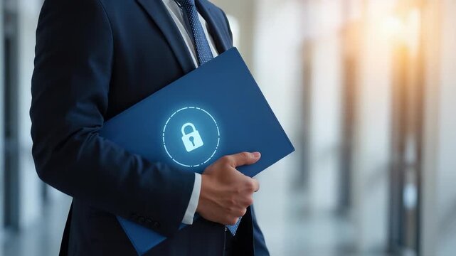 Business professional holding tablet with glowing security lock in modern office for data protection and corporate privacy technology