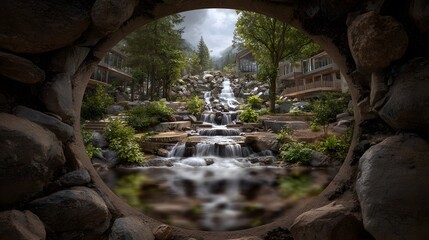 Fototapeta premium A view through a natural stone archway revealing a cascading waterfall nestled within sustainable modern living architecture and lush forest