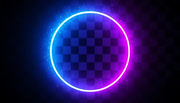 Glowing blue and purple neon circle frame on dark transparent checkered background