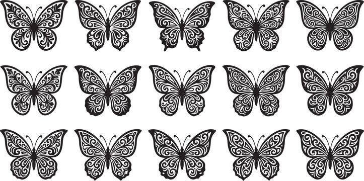vector set of black and white butterflies